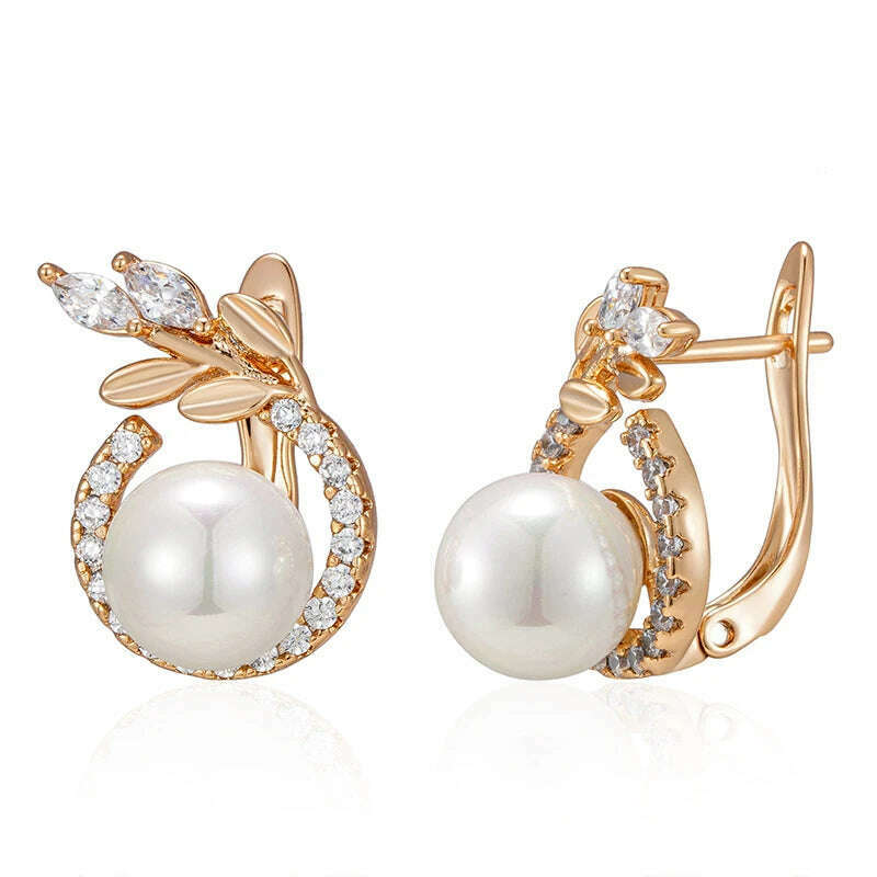 KIMLUD, SYOUJYO 585 Rose Gold Color Pearl Earrings For Women Natural Zircon Luxury Fine Daily Jewelry Gift, WHITE / ROSE GOLD COLOR / CHINA, KIMLUD APPAREL - Womens Clothes