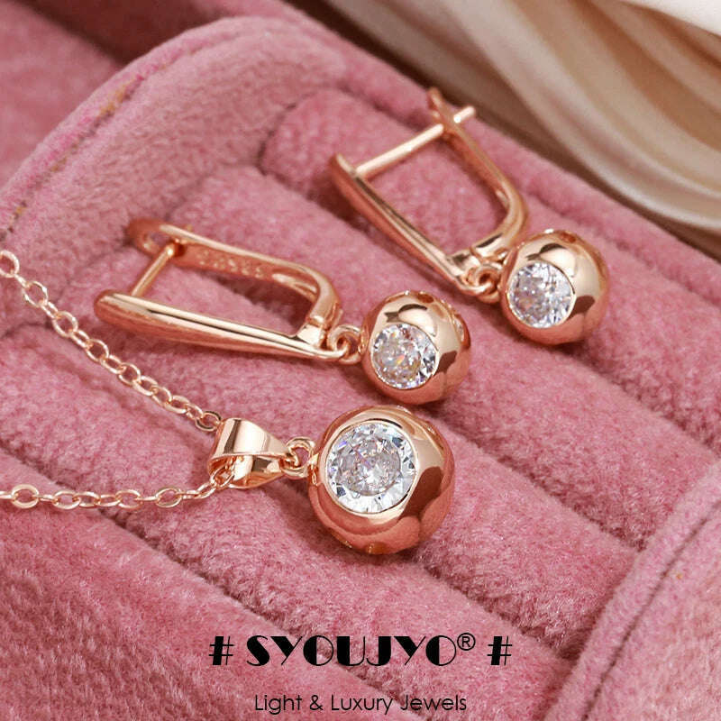 SYOUJYO Fashion 585 Rose Gold Color Jewelry Set Natural Zircon Orb Dangle Earrings Necklace Luxury Anniversary Gift - KIMLUD