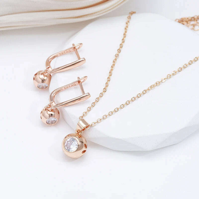 SYOUJYO Fashion 585 Rose Gold Color Jewelry Set Natural Zircon Orb Dangle Earrings Necklace Luxury Anniversary Gift - KIMLUD