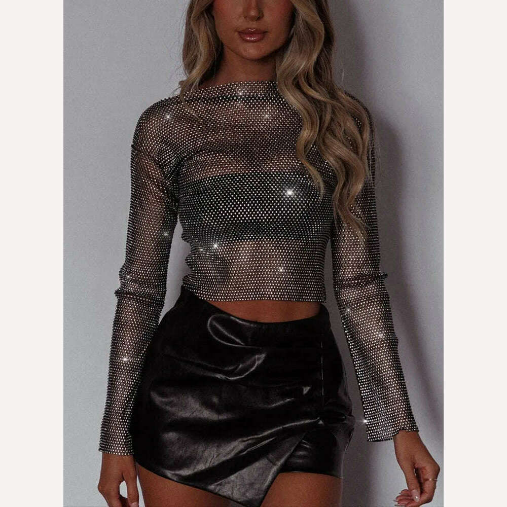 TARUXY Evening Club Party Sparkly Tops For Women Diamonds Cropped Top Outfits Y2k Accessories Hollow Out Glitter Fishnet Tops - KIMLUD