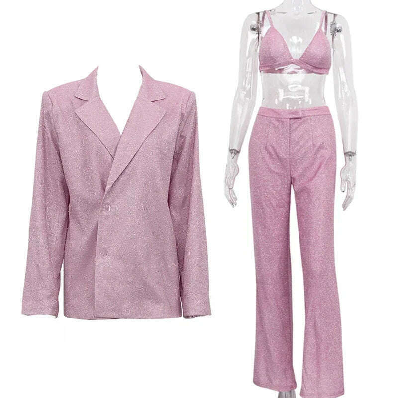 KIMLUD, TARUXY Sliver Sparkly OVersized Blazer Sets For Women Suit Ladies Casual Glitter Coat And Pants Sets Blazer Femme Mujer Party, Pink (Three-Pieces) / S, KIMLUD APPAREL - Womens Clothes