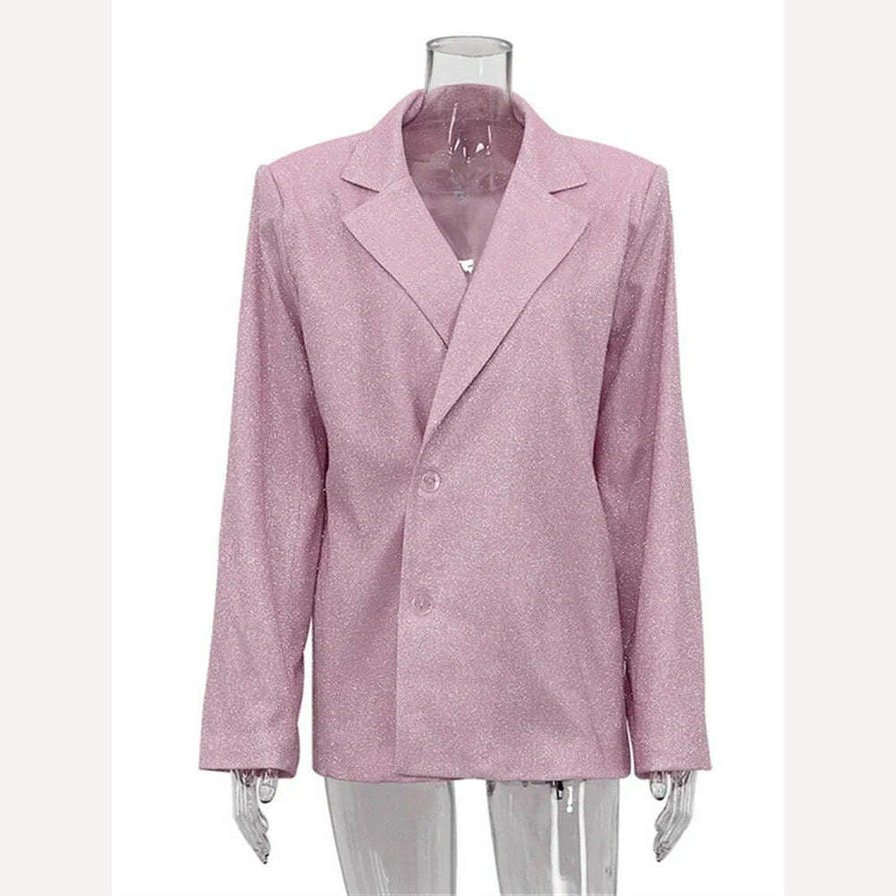 KIMLUD, TARUXY Sliver Sparkly OVersized Blazer Sets For Women Suit Ladies Casual Glitter Coat And Pants Sets Blazer Femme Mujer Party, Pink Blazer / S, KIMLUD APPAREL - Womens Clothes