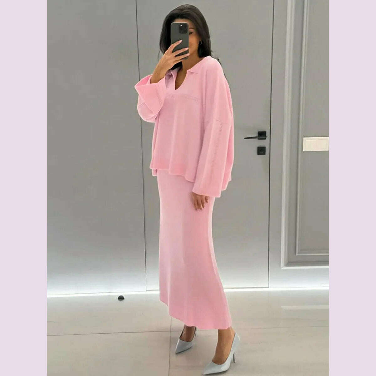 KIMLUD, TARUXY Solid Loose Sweater Suit Female Fashion V-Neck Knit Pollover Top Long Skirt High Waist Autumn Winter Skirt 2 Piece Set, Pink / S, KIMLUD APPAREL - Womens Clothes