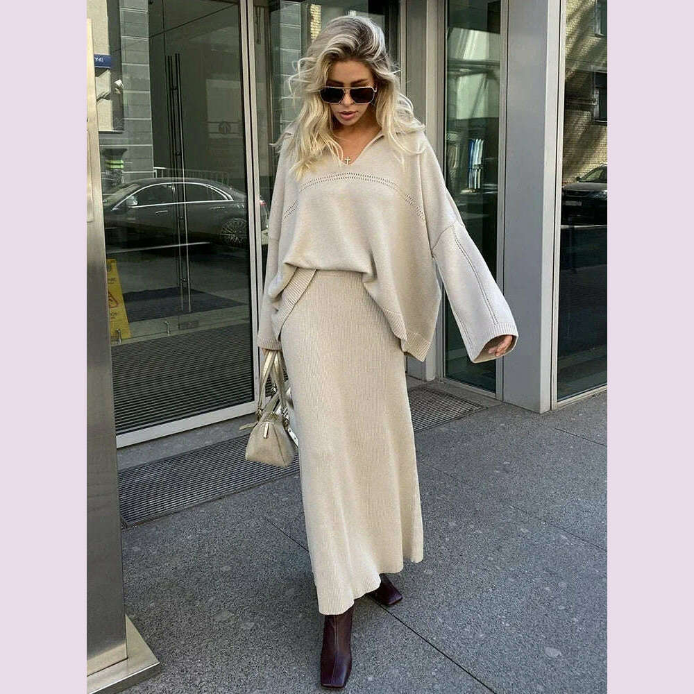 KIMLUD, TARUXY Solid Loose Sweater Suit Female Fashion V-Neck Knit Pollover Top Long Skirt High Waist Autumn Winter Skirt 2 Piece Set, Camel / M, KIMLUD APPAREL - Womens Clothes