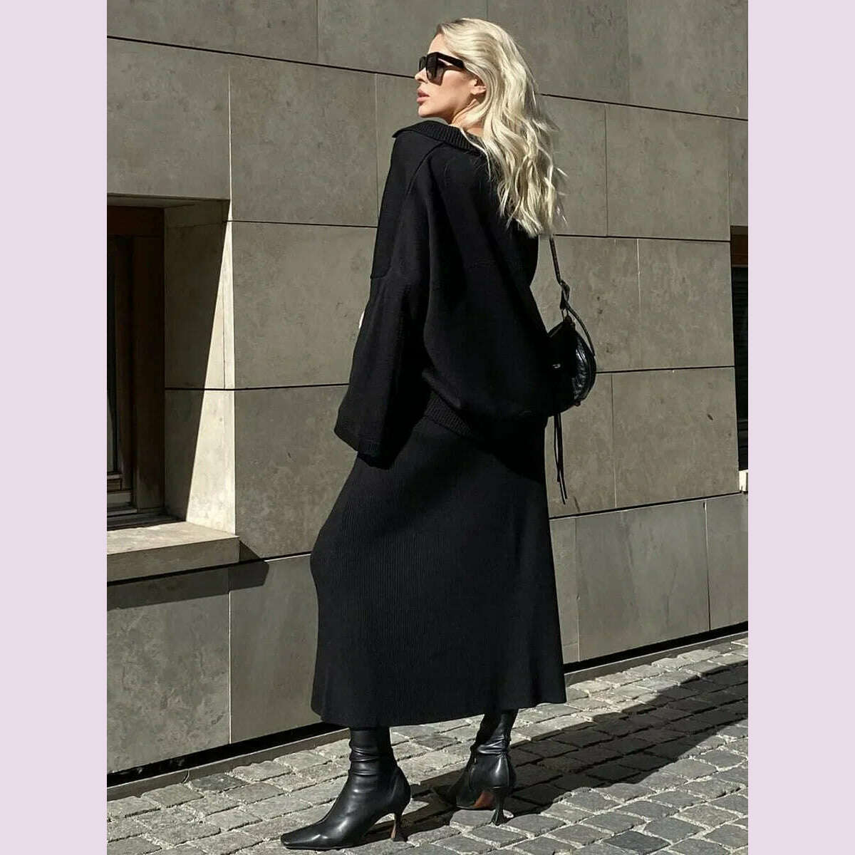 KIMLUD, TARUXY Solid Loose Sweater Suit Female Fashion V-Neck Knit Pollover Top Long Skirt High Waist Autumn Winter Skirt 2 Piece Set, Black / M, KIMLUD APPAREL - Womens Clothes