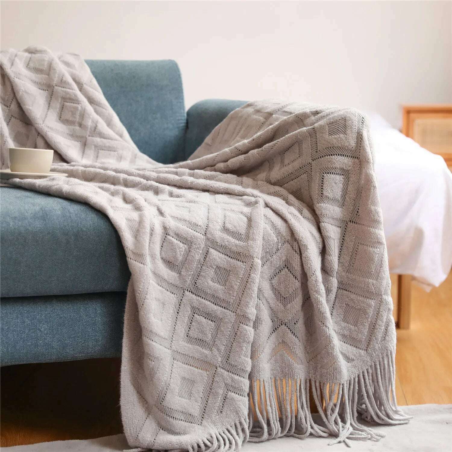 KIMLUD, Textile City Diamond-Shaped Cashmere Sofa Blanket Solid Winter Thickened Knitting Tassels Blanket Office Nap Jacquard DIY Towel, Light Grey / 127x172cm, KIMLUD APPAREL - Womens Clothes