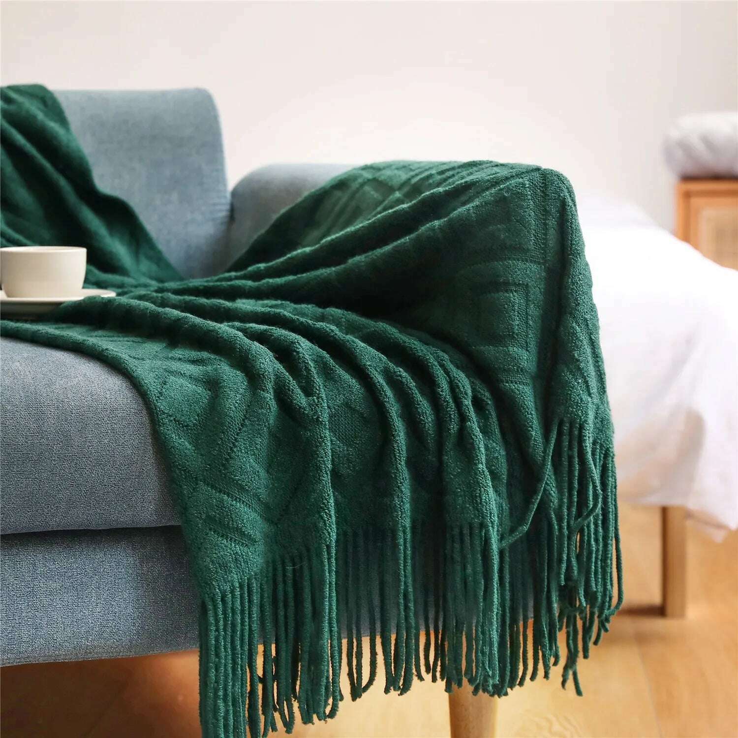 KIMLUD, Textile City Diamond-Shaped Cashmere Sofa Blanket Solid Winter Thickened Knitting Tassels Blanket Office Nap Jacquard DIY Towel, green / 127x172cm, KIMLUD APPAREL - Womens Clothes