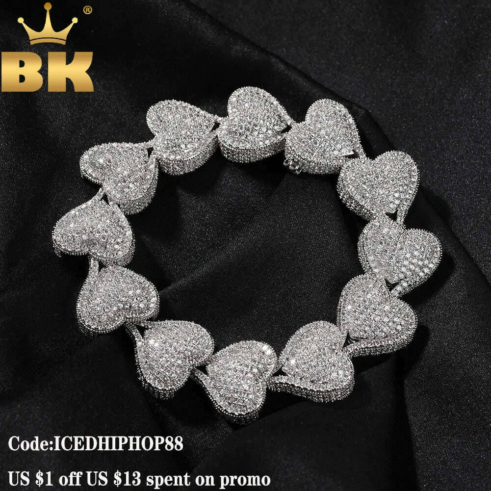 KIMLUD, THE BLING KING Heavy Heart Bracelet Micro Paved Out Cubic Zirconia Link Best Gift For Women Girl Hiphop Jewelry, KIMLUD Womens Clothes