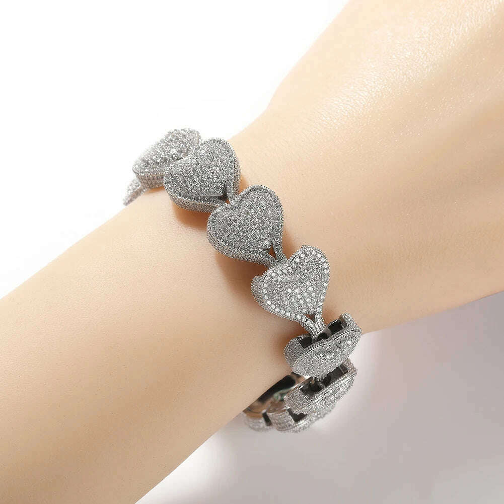 THE BLING KING Heavy Heart Bracelet Micro Paved Out Cubic Zirconia Link Best Gift For Women Girl Hiphop Jewelry - KIMLUD