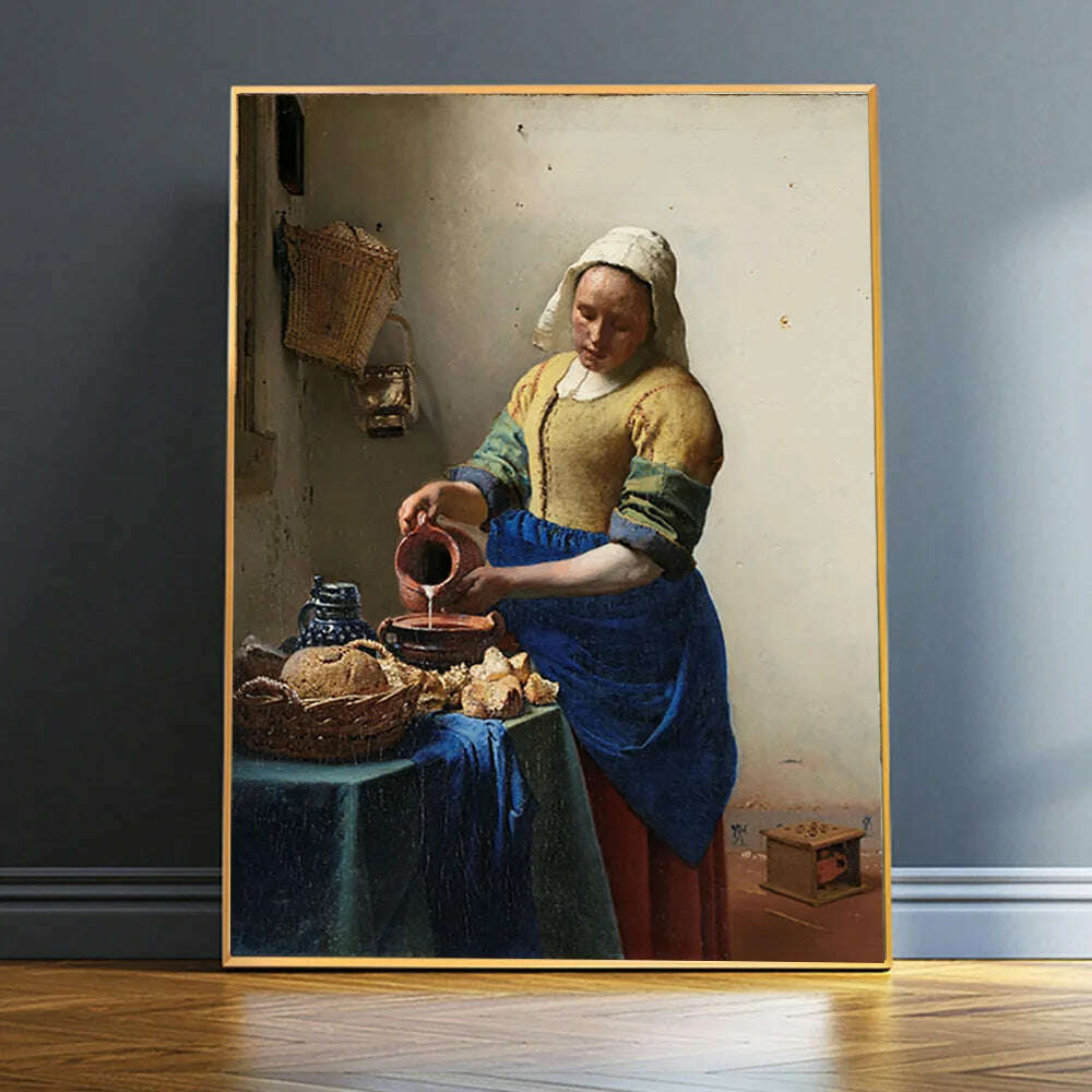 The Milkmaid By Johannes Vermeer Woman Famous Canvas Oil Painting Posters and Prints Wall Art Picture Living Room Decor Cuadros - KIMLUD