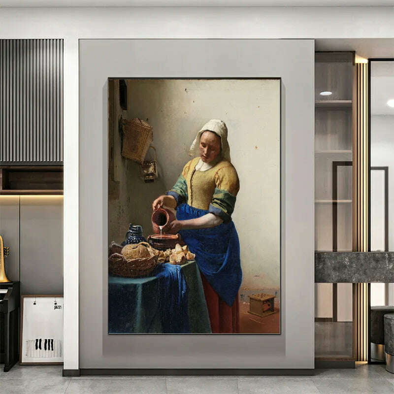 KIMLUD, The Milkmaid By Johannes Vermeer Woman Famous Canvas Oil Painting Posters and Prints Wall Art Picture Living Room Decor Cuadros, KIMLUD Womens Clothes