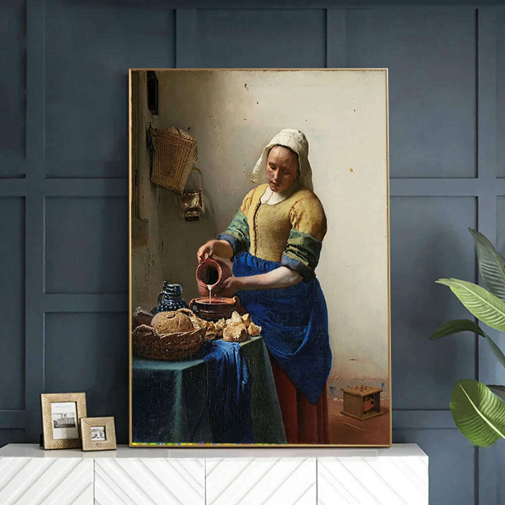 The Milkmaid By Johannes Vermeer Woman Famous Canvas Oil Painting Posters and Prints Wall Art Picture Living Room Decor Cuadros - KIMLUD