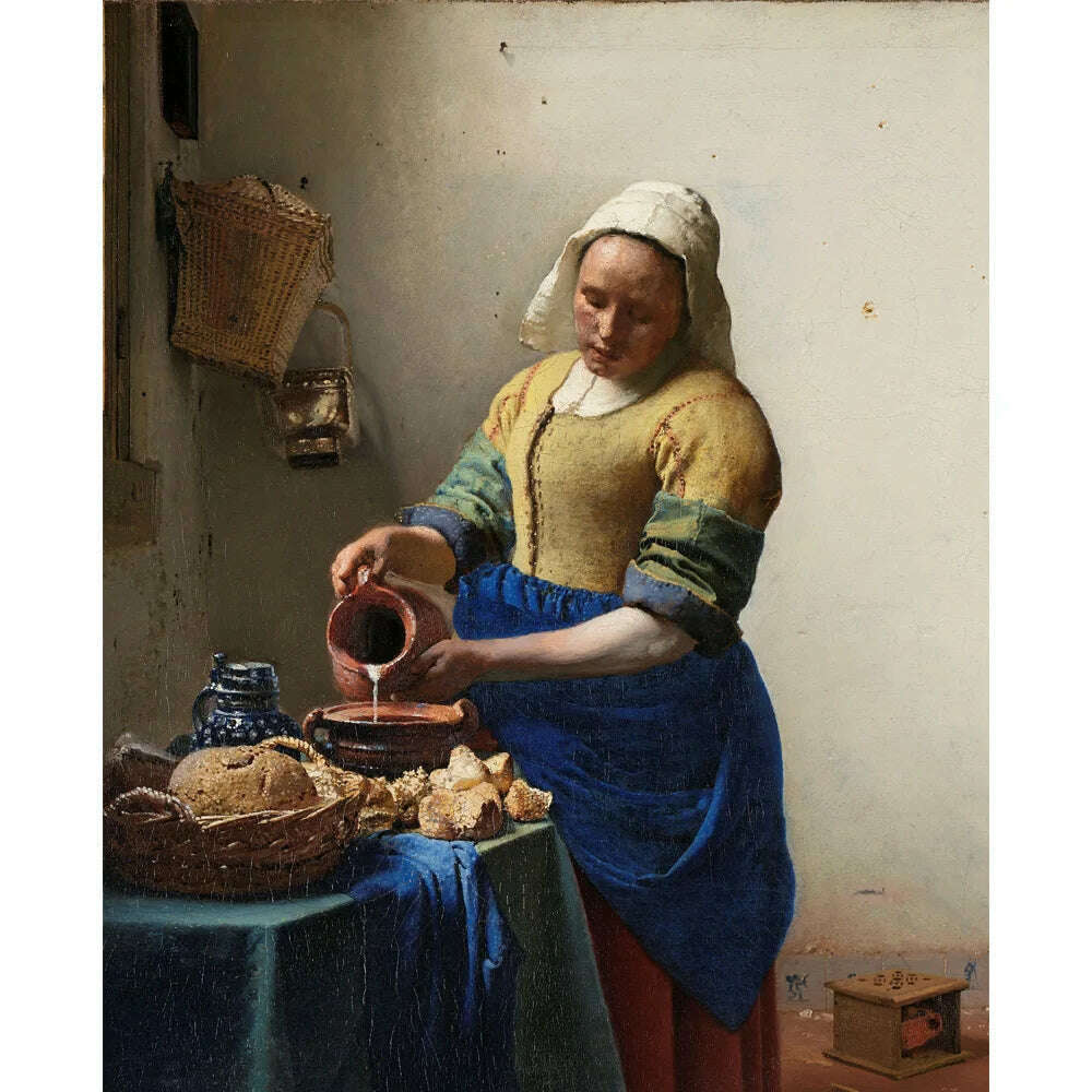 The Milkmaid By Johannes Vermeer Woman Famous Canvas Oil Painting Posters and Prints Wall Art Picture Living Room Decor Cuadros - KIMLUD