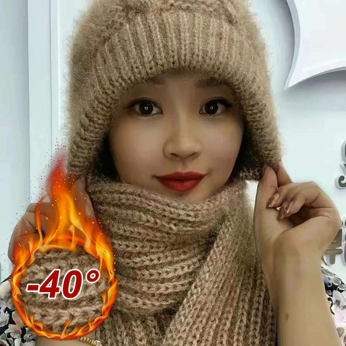 KIMLUD, The new padded and thickened scarf all-in-one wind and snow cap fall and winter squirrel velvet wool cap warm net red cap, khaki, KIMLUD APPAREL - Womens Clothes