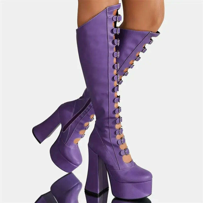 KIMLUD, Thick Bottom Hollow Knee High Boots Women Side Zipper Square Heel Pole Dance Female Sexy Shoes Super High Heel Platform Designer, PURPLE / 35, KIMLUD APPAREL - Womens Clothes