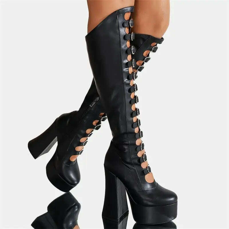 KIMLUD, Thick Bottom Hollow Knee High Boots Women Side Zipper Square Heel Pole Dance Female Sexy Shoes Super High Heel Platform Designer, black / 42, KIMLUD APPAREL - Womens Clothes