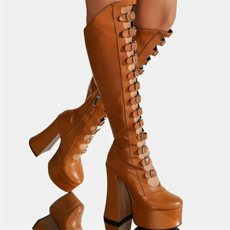 Thick Bottom Hollow Knee High Boots Women Side Zipper Square Heel Pole Dance Female Sexy Shoes Super High Heel Platform Designer - KIMLUD