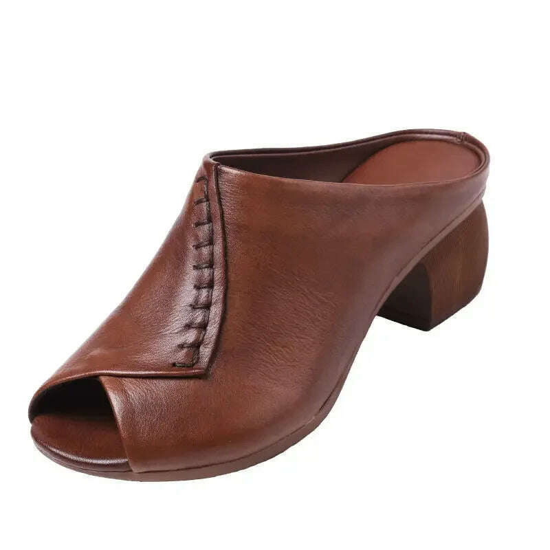 KIMLUD, Thick-heeled Soft Leather Outer Slippers Fish Mouth Comfortable Versatile Mid-heeled Women Sandals Women's Mother's Shoes Women, KIMLUD Womens Clothes