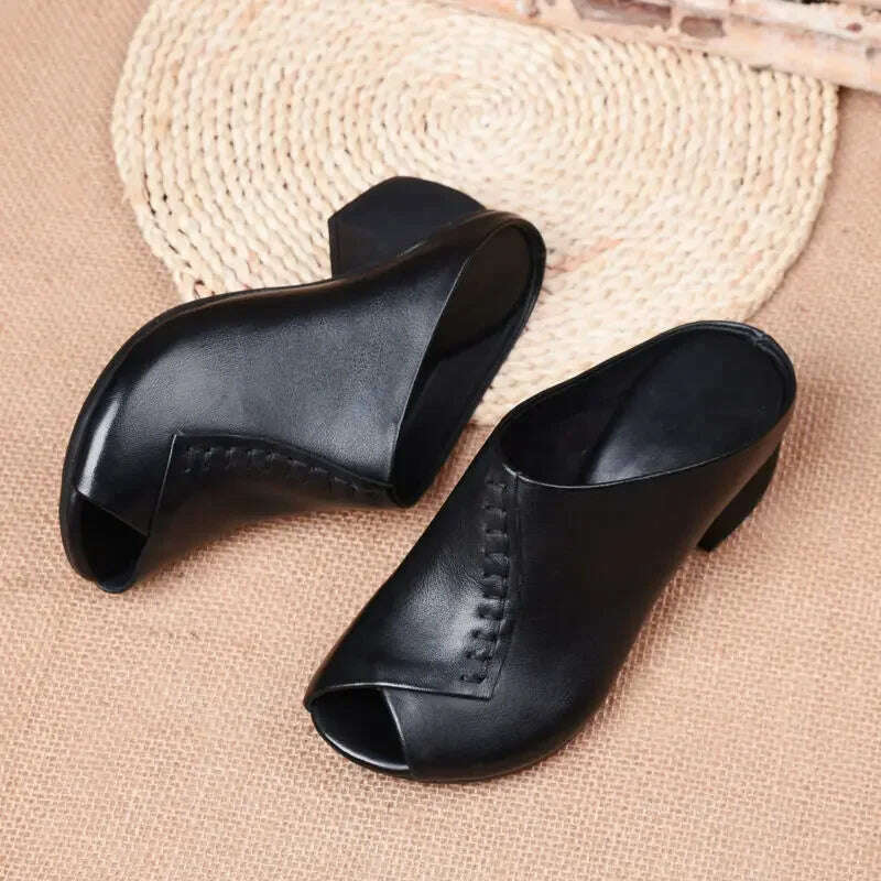 KIMLUD, Thick-heeled Soft Leather Outer Slippers Fish Mouth Comfortable Versatile Mid-heeled Women Sandals Women's Mother's Shoes Women, Black / 38, KIMLUD APPAREL - Womens Clothes