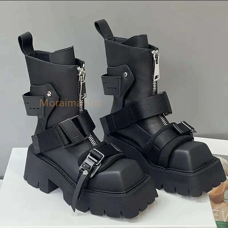 KIMLUD, Thick Sole Belt Buckle Square Toe Ankle Boots Women Short Knight Boots Chelsea Boots Zipper Platform Shoes 2022 Autumn Winter, black / 35 / China, KIMLUD APPAREL - Womens Clothes