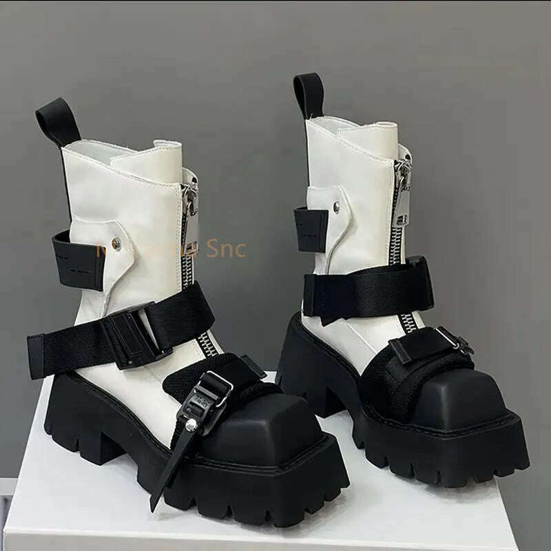 KIMLUD, Thick Sole Belt Buckle Square Toe Ankle Boots Women Short Knight Boots Chelsea Boots Zipper Platform Shoes 2022 Autumn Winter, white / 35 / China, KIMLUD APPAREL - Womens Clothes