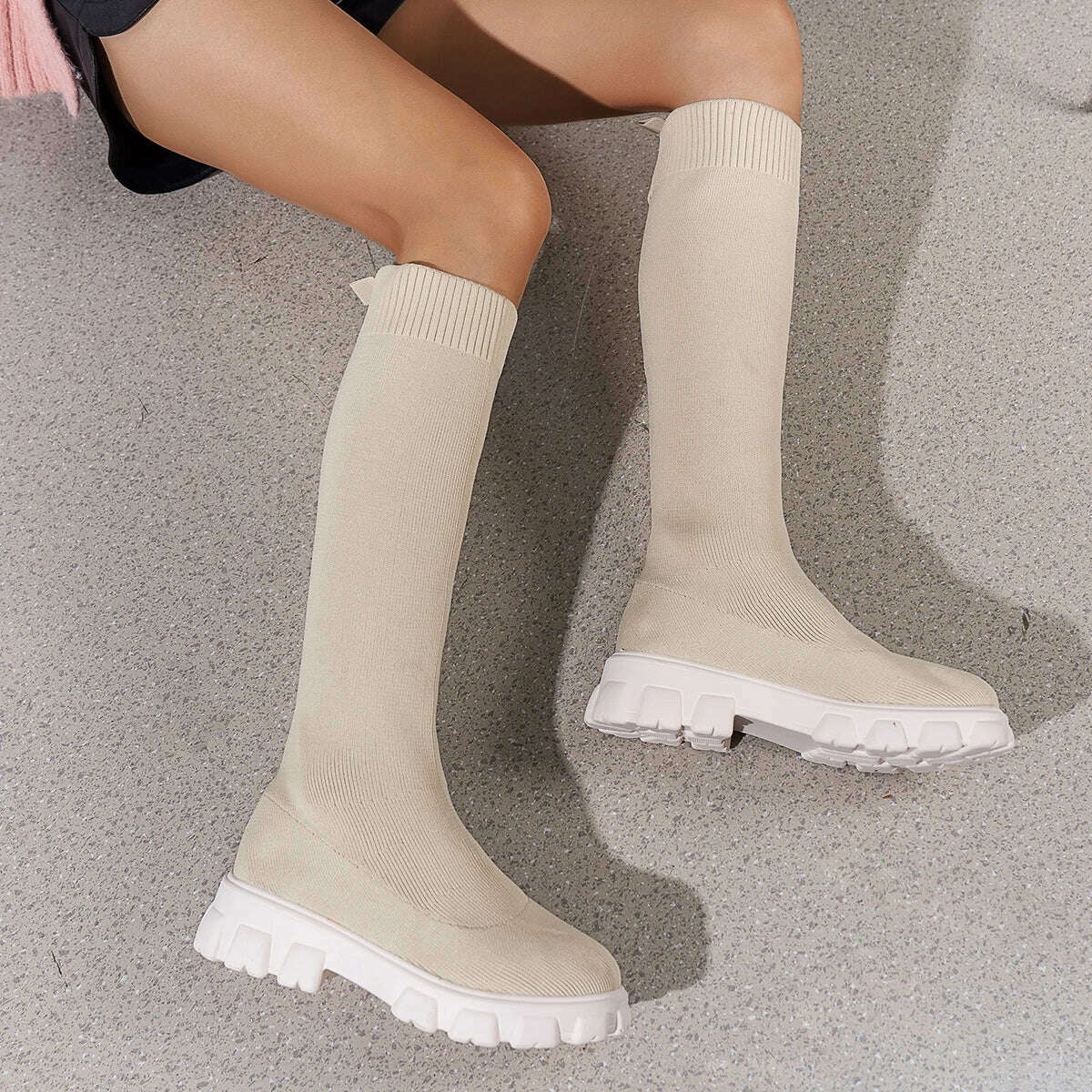 KIMLUD, Thick Sole Knitted Long Boots for Women Fashion Elastic Socks Shoes Boots Over Knee Round Toe Low Heels Botas De Mujer 2024, KIMLUD Womens Clothes