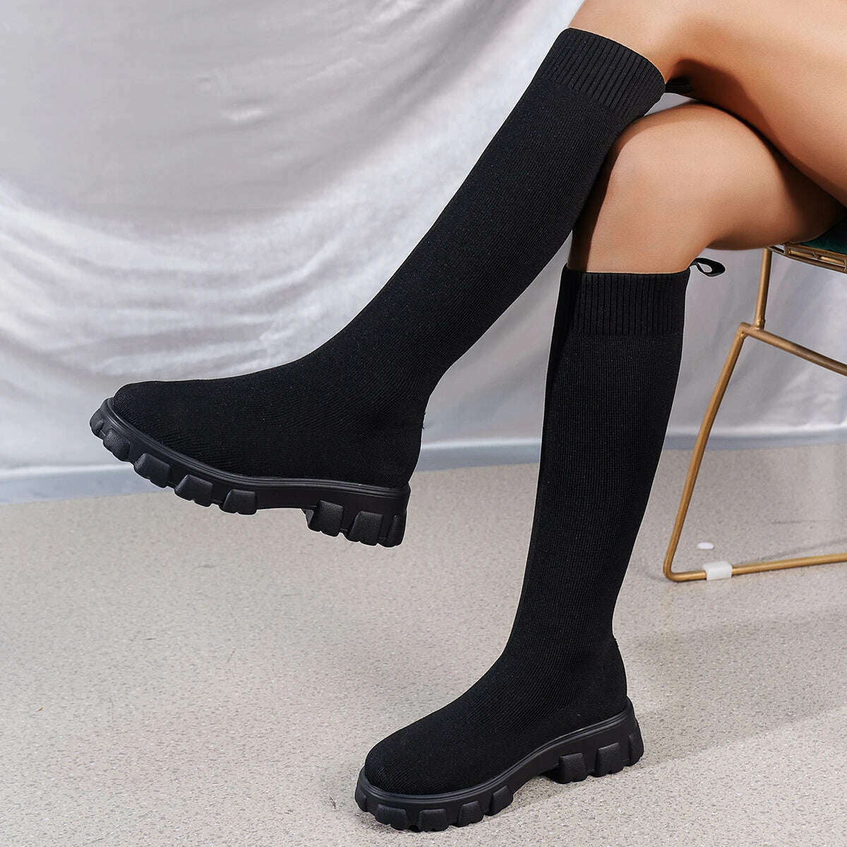 KIMLUD, Thick Sole Knitted Long Boots for Women Fashion Elastic Socks Shoes Boots Over Knee Round Toe Low Heels Botas De Mujer 2024, KIMLUD Womens Clothes