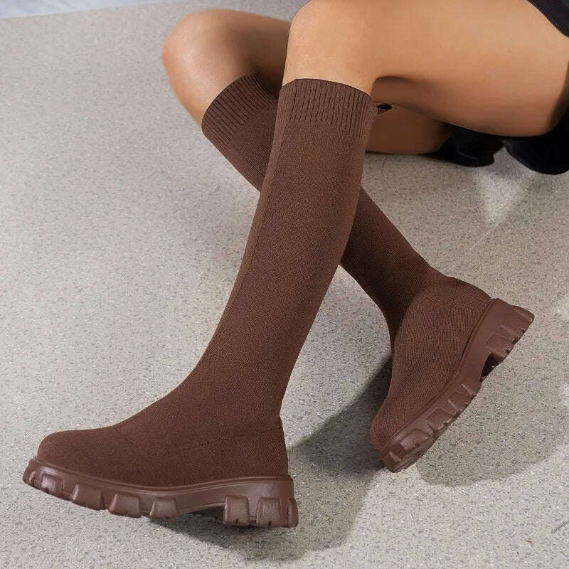 KIMLUD, Thick Sole Knitted Long Boots for Women Fashion Elastic Socks Shoes Boots Over Knee Round Toe Low Heels Botas De Mujer 2024, coffee / 38, KIMLUD APPAREL - Womens Clothes