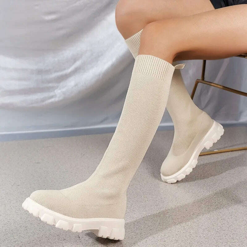 KIMLUD, Thick Sole Knitted Long Boots for Women Fashion Elastic Socks Shoes Boots Over Knee Round Toe Low Heels Botas De Mujer 2024, Beige / 42, KIMLUD APPAREL - Womens Clothes