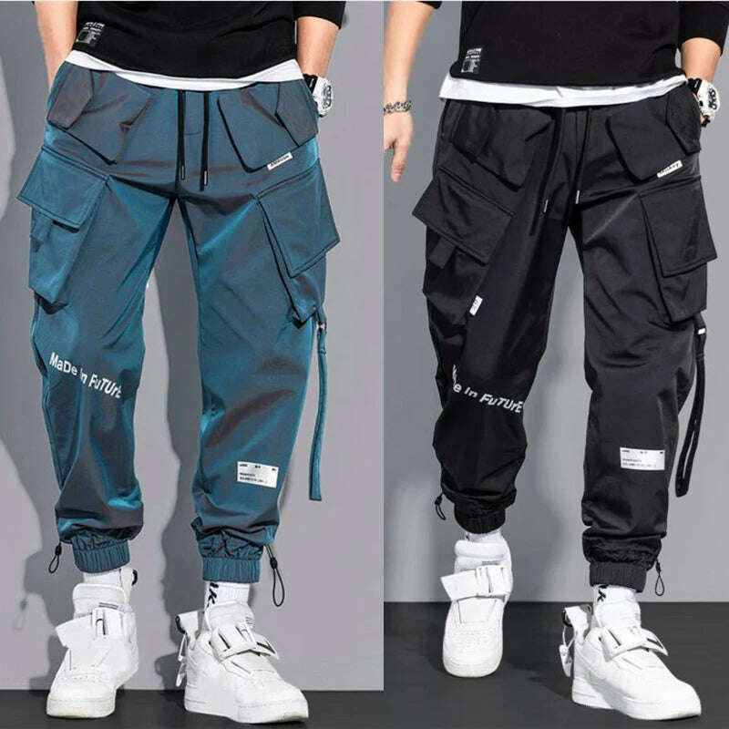 Thin Streetwear Casual Pants Men Ribbons Harem Jogging Pants Male Slim Fit Spring Cargo Pants Multi-Pockets Women Trouser K12 - KIMLUD