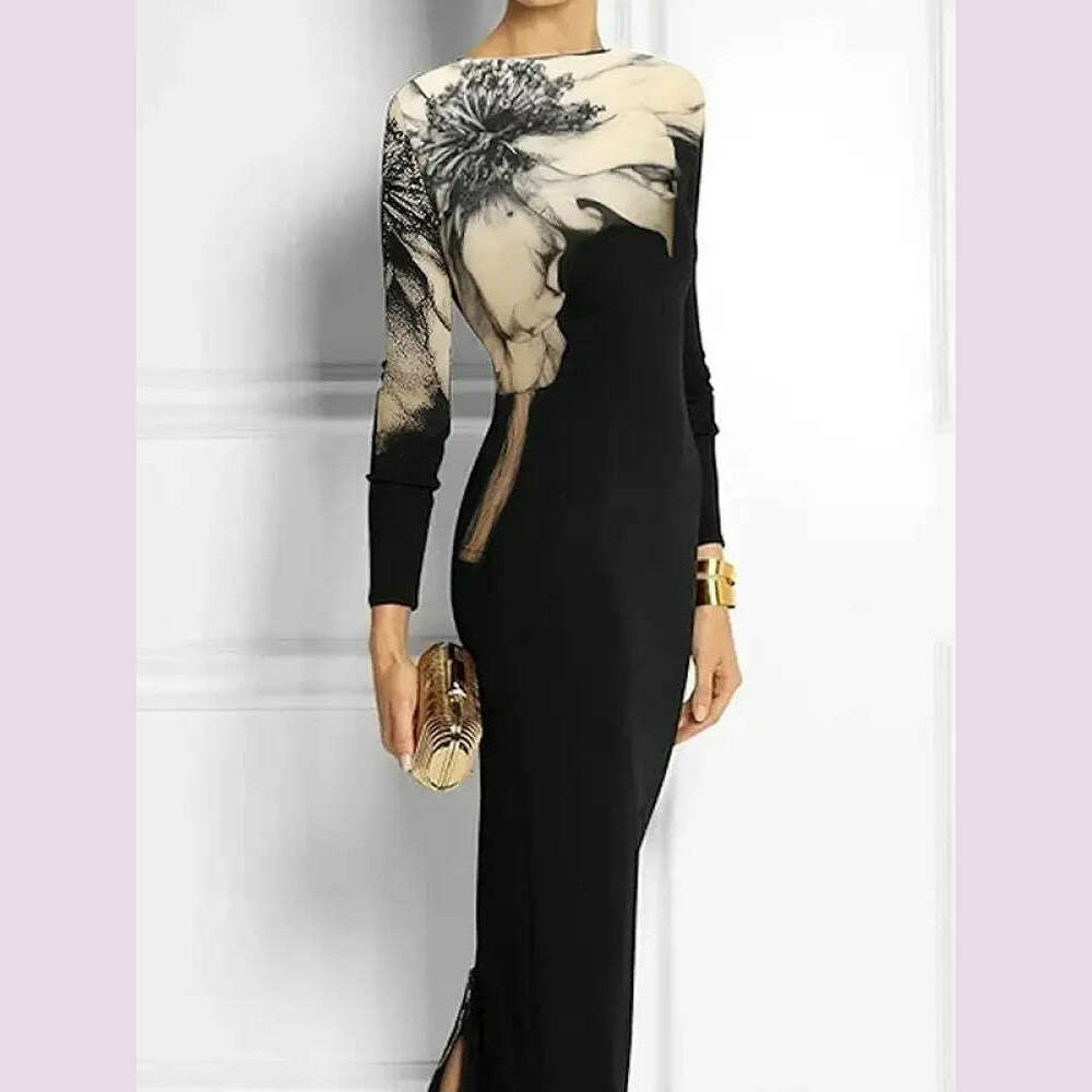 Tinaa Floral Printed Bodycon Evening Dresses for Autumn Winter Fashion Women Long Sleeves Floral Printed Boat Neck Maxi Dresses - KIMLUD
