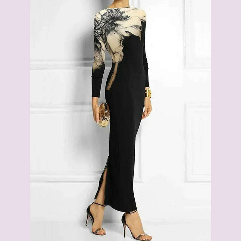 Tinaa Floral Printed Bodycon Evening Dresses for Autumn Winter Fashion Women Long Sleeves Floral Printed Boat Neck Maxi Dresses - KIMLUD