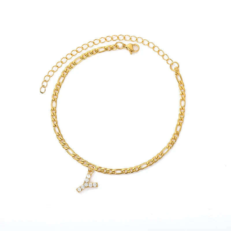 KIMLUD, Tiny A-Z Initial Letter Anklets For Women Stainless Steel Gold Color Alphabet Cuban Link Anklet Bracelet Boho Jewelry Gift Bijou, Y / CHINA, KIMLUD APPAREL - Womens Clothes