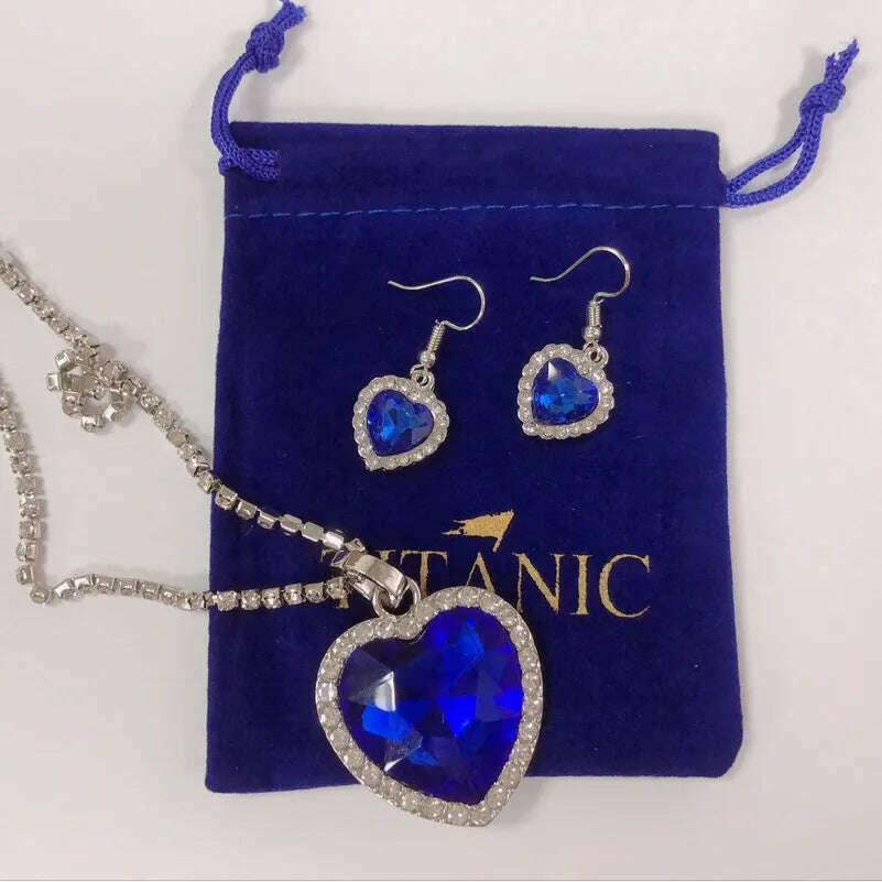 KIMLUD, Titanic Heart of Ocean Blue Heart Love Forever Pendant Necklace with Titanic Earrings + Velvet Bag, 45cm / Royal blue, KIMLUD APPAREL - Womens Clothes