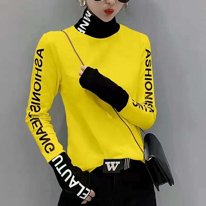 KIMLUD, Top for Women Long Sleeve Turtleneck Slim T Shirts Female Yellow Skinny Emo Tees Cartoon Clothes Loose Youth Spring Xxl Pulovers, Yellow / M, KIMLUD APPAREL - Womens Clothes