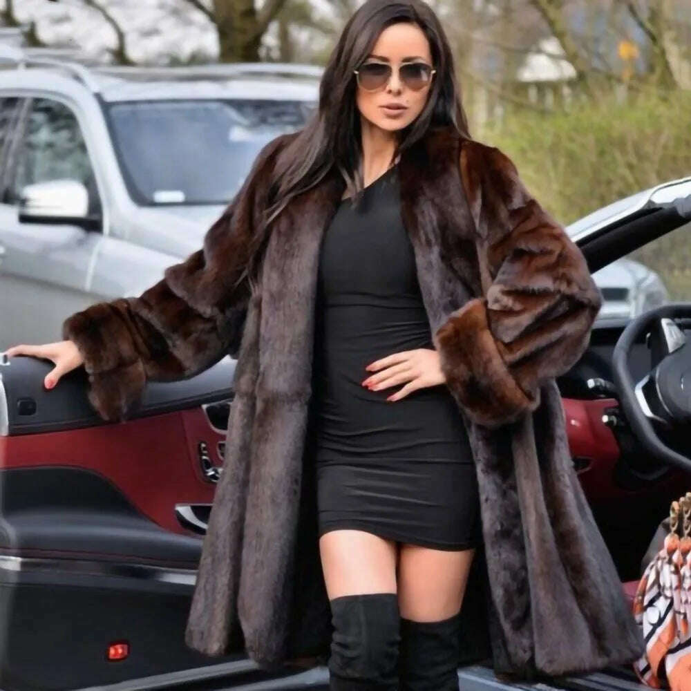 KIMLUD, TOPFUR New Real Mink Fur Coat For Women X-Long 100 Cm Length Brown Fur Coat High Street Ladies Genuine Leather Fur Jackets, KIMLUD Womens Clothes