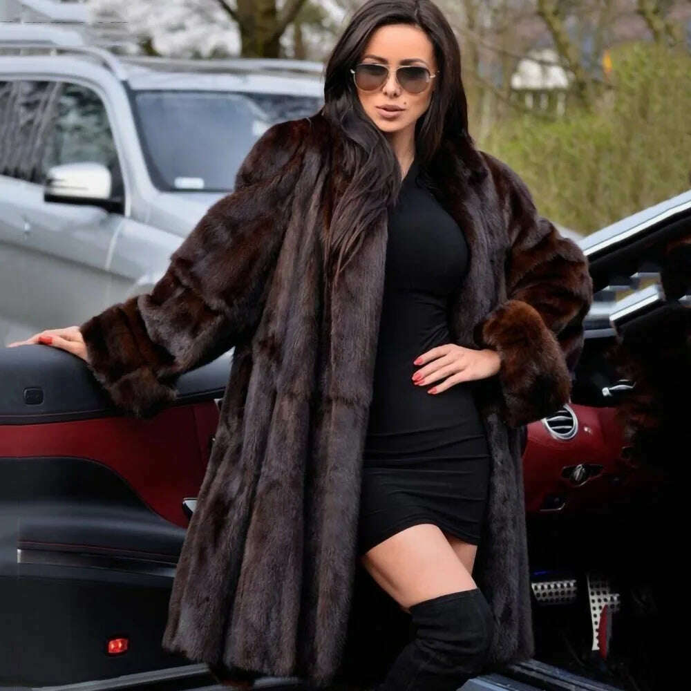 KIMLUD, TOPFUR New Real Mink Fur Coat For Women X-Long 100 Cm Length Brown Fur Coat High Street Ladies Genuine Leather Fur Jackets, KIMLUD Womens Clothes