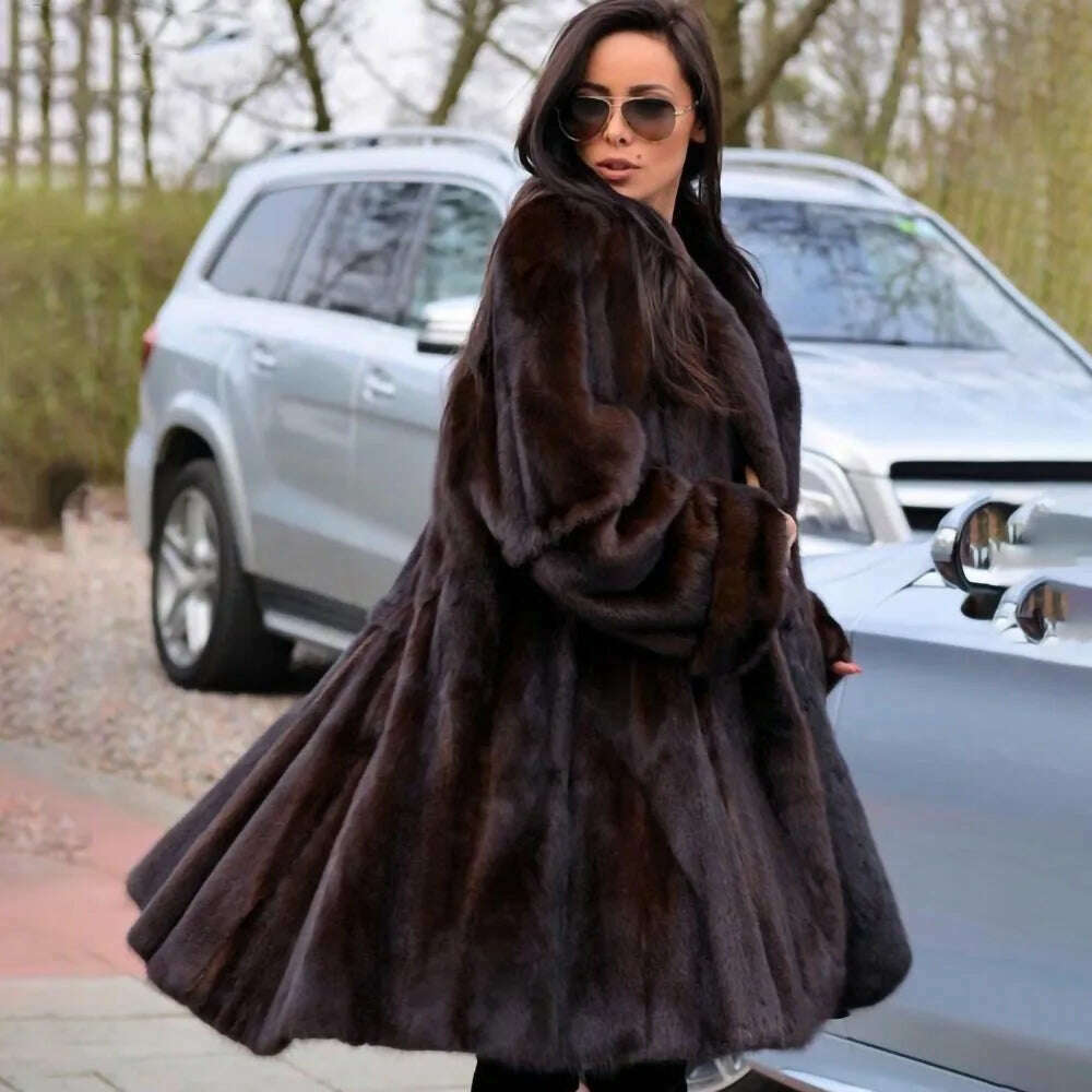 KIMLUD, TOPFUR New Real Mink Fur Coat For Women X-Long 100 Cm Length Brown Fur Coat High Street Ladies Genuine Leather Fur Jackets, KIMLUD Womens Clothes