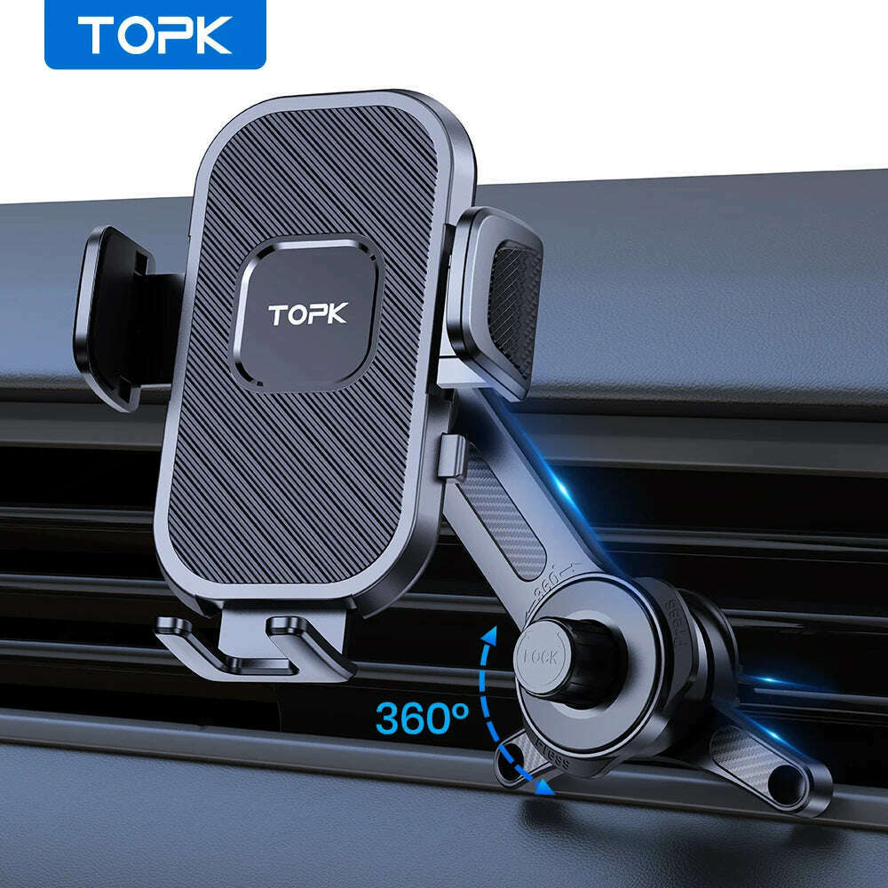 TOPK Car Phone Holder [Wider Clamp & Metal Hook] Car Phone Mount [Thick Cases Friendly] Air Vent Clip Cell Phone Holder for All - KIMLUD