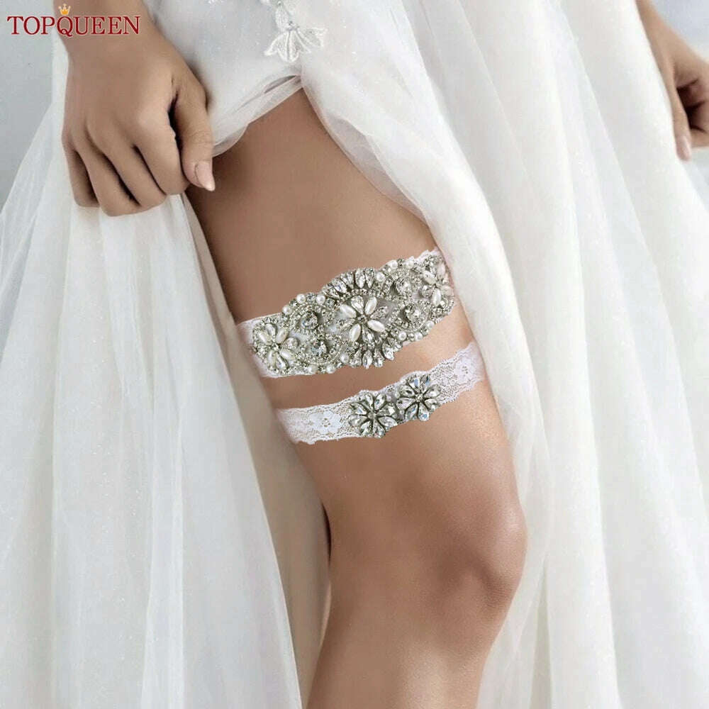 KIMLUD, TOPQUEEN Sexy Girls Garter Set White Lace Bridal for Women Silver Rhinestone Belt Black Wedding Garters for Bride Dress S76, KIMLUD Womens Clothes