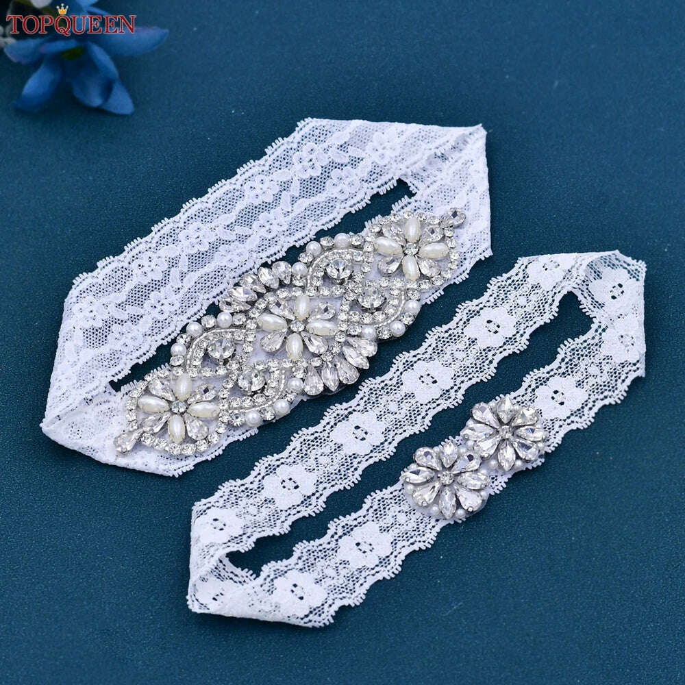 KIMLUD, TOPQUEEN Sexy Girls Garter Set White Lace Bridal for Women Silver Rhinestone Belt Black Wedding Garters for Bride Dress S76, KIMLUD Womens Clothes