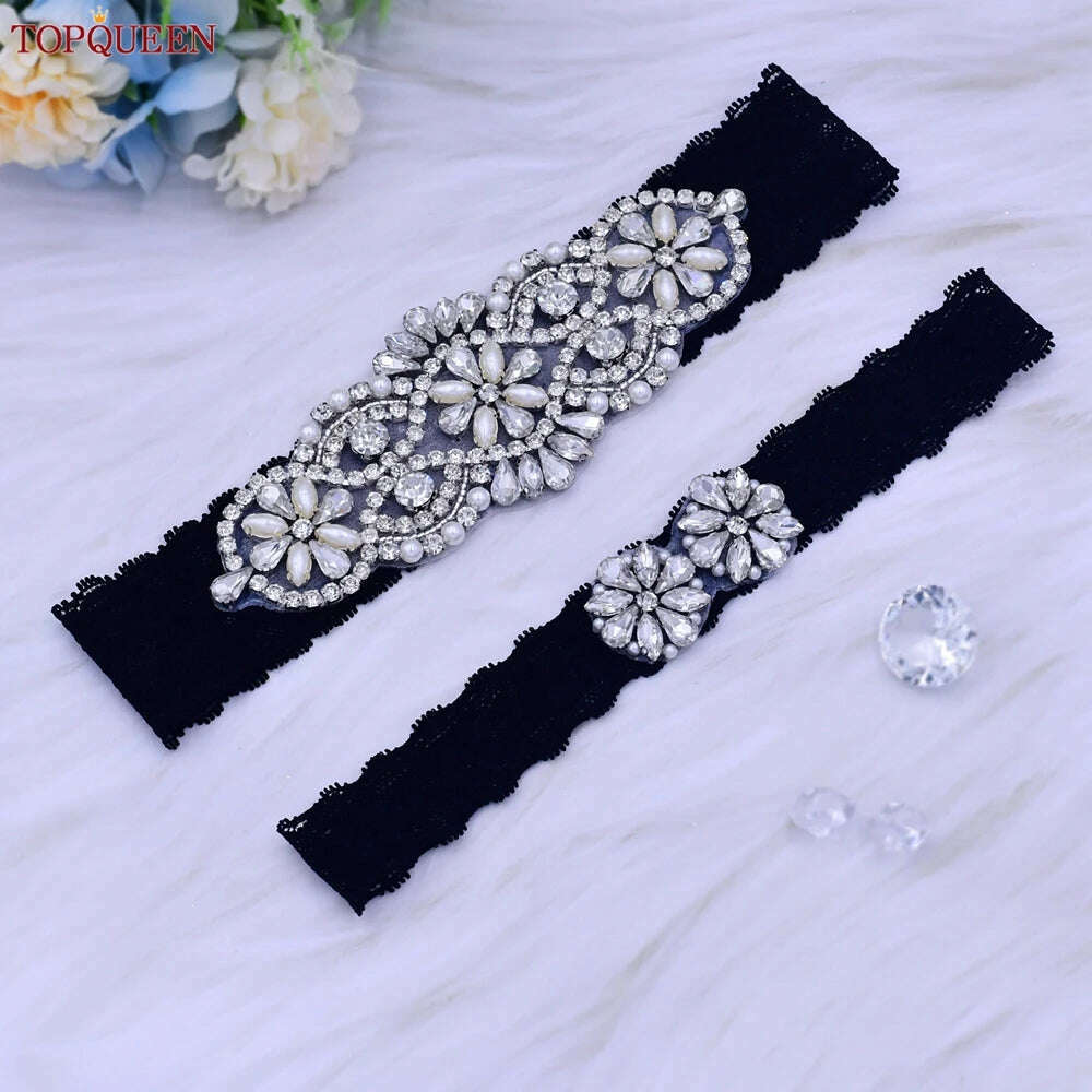 KIMLUD, TOPQUEEN Sexy Girls Garter Set White Lace Bridal for Women Silver Rhinestone Belt Black Wedding Garters for Bride Dress S76, S76 ST20 Black, KIMLUD APPAREL - Womens Clothes