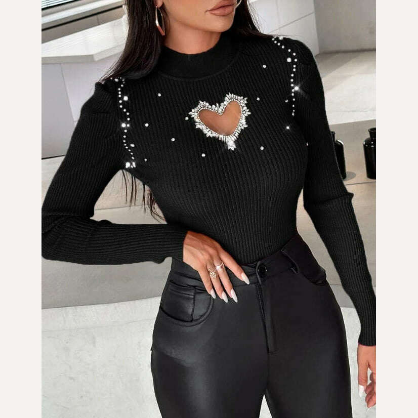 KIMLUD, Tops for Women 2023 Winter Blouse Casual Solid Color Rhinestone Hollow Heart Knit Long Sleeve Pullover Skinny Sweater for Women, B / S, KIMLUD APPAREL - Womens Clothes