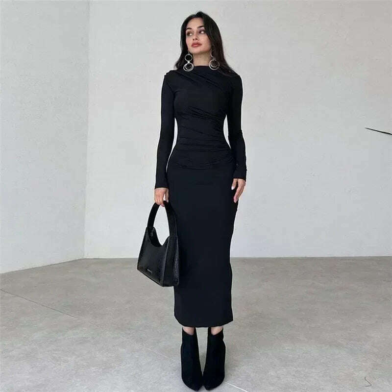 KIMLUD, Tossy Fashion Pleated Autumn Dress Patchwork Elegant Women Long Sleeve Solid Vestidos Slim High Waist Bodycon Maxi Dress 2023, black / S, KIMLUD APPAREL - Womens Clothes