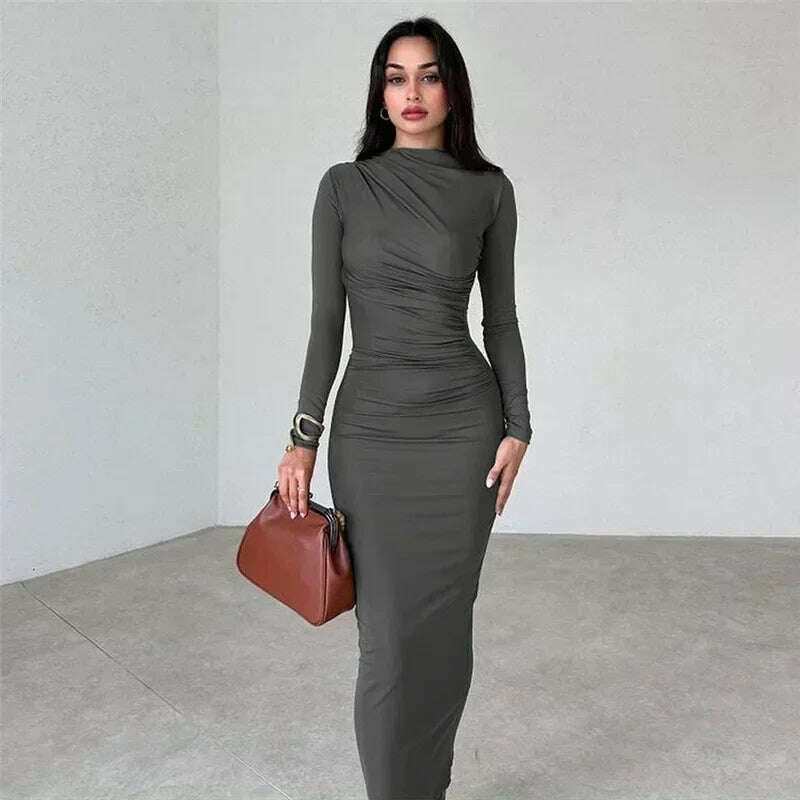 KIMLUD, Tossy Fashion Pleated Autumn Dress Patchwork Elegant Women Long Sleeve Solid Vestidos Slim High Waist Bodycon Maxi Dress 2023, Dark Grey / S, KIMLUD APPAREL - Womens Clothes