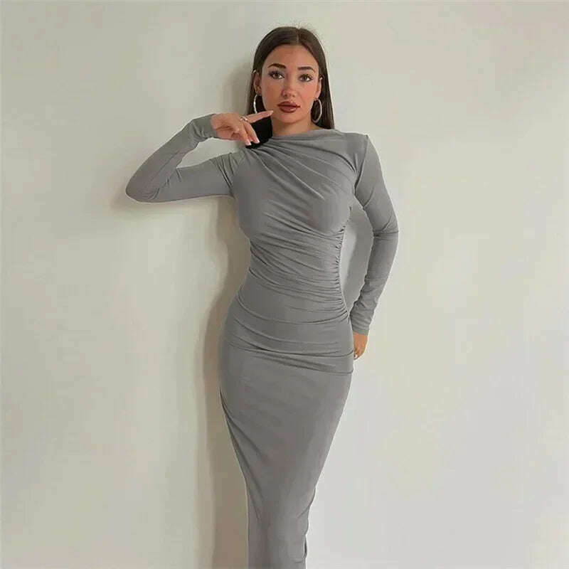 KIMLUD, Tossy Fashion Pleated Autumn Dress Patchwork Elegant Women Long Sleeve Solid Vestidos Slim High Waist Bodycon Maxi Dress 2023, Light Grey / S, KIMLUD APPAREL - Womens Clothes