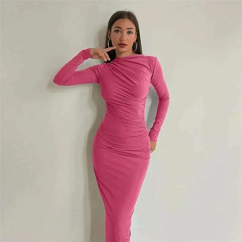 KIMLUD, Tossy Fashion Pleated Autumn Dress Patchwork Elegant Women Long Sleeve Solid Vestidos Slim High Waist Bodycon Maxi Dress 2023, Rose Red / S, KIMLUD APPAREL - Womens Clothes