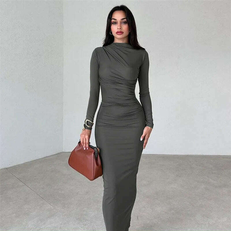 KIMLUD, Tossy Fashion Pleated Autumn Dress Patchwork Elegant Women Long Sleeve Solid Vestidos Slim High Waist Bodycon Maxi Dress 2023, KIMLUD Womens Clothes