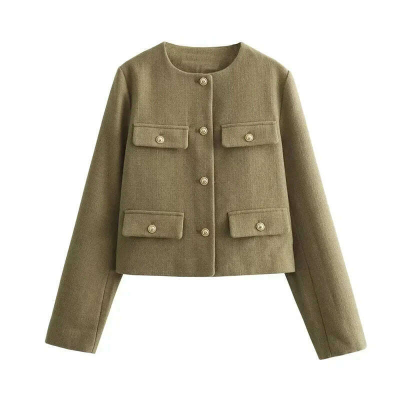 KIMLUD, TRAF Autumn Cropped Jacket For Women Coat Winter Crop Jacket Tweed Round neck Long sleeved Demi-season Jacket Bomber Outerwears, Khaki / M, KIMLUD APPAREL - Womens Clothes