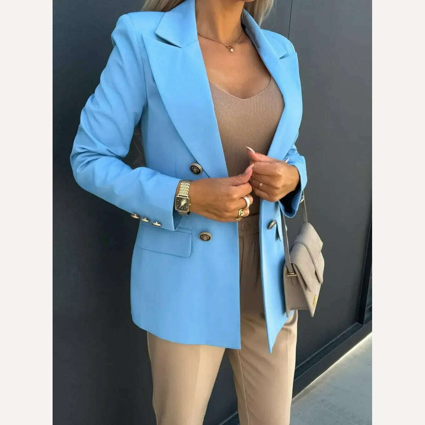 KIMLUD, Traf Woman Clothing Suit Jacket Cardigan Ladies Female Coat Solid Pockets Tops Lapel Blazer Spring Autumn Elegant Thin Topcoat, Blue / S, KIMLUD APPAREL - Womens Clothes